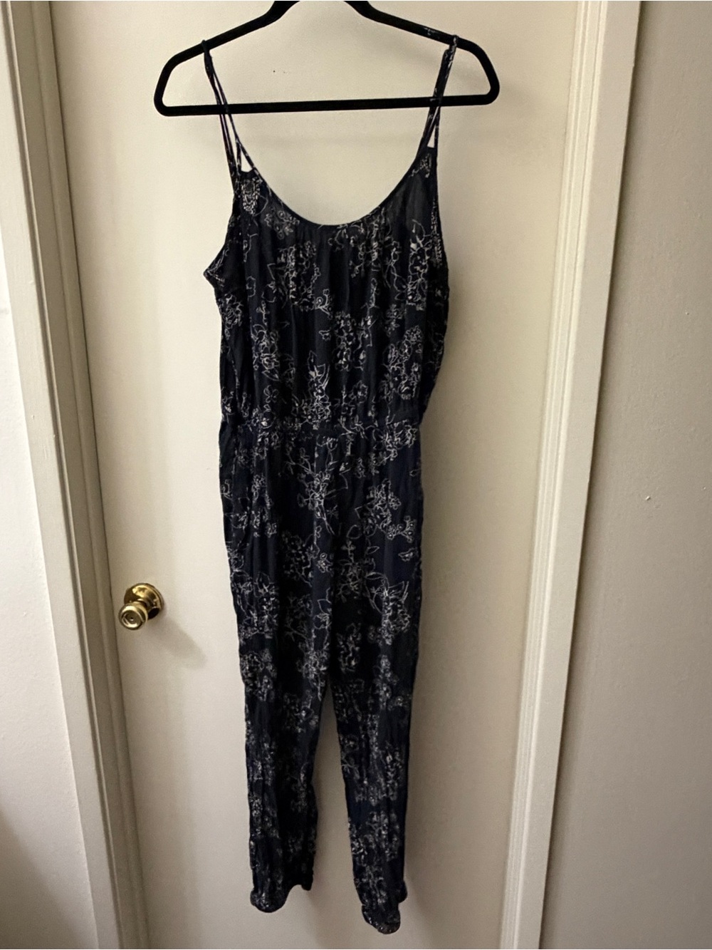 Navy Blue Floral Spaghetti-Strap Jumpsuit
